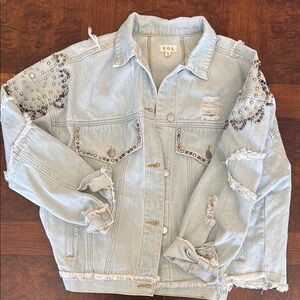 POL Light Blue Denim Jacket with Colorful Embellishments